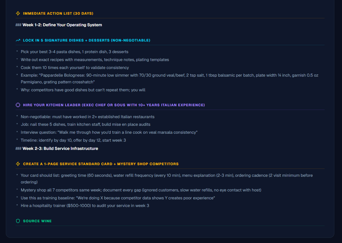 30-day action plan with weekly competitive tactics and implementation steps